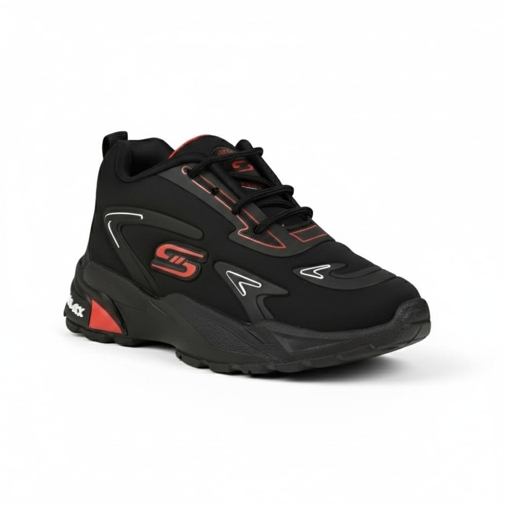 HOOH Kids Unisex Lace Up Sports Sneakers, Black with Red Accents, Comfortable Athletic Shoes for 12 Months to 10 Years (BLACK, UK Footwear Size System, Little Kid, Age Range, Medium, 3.5 Years, 4 Years)