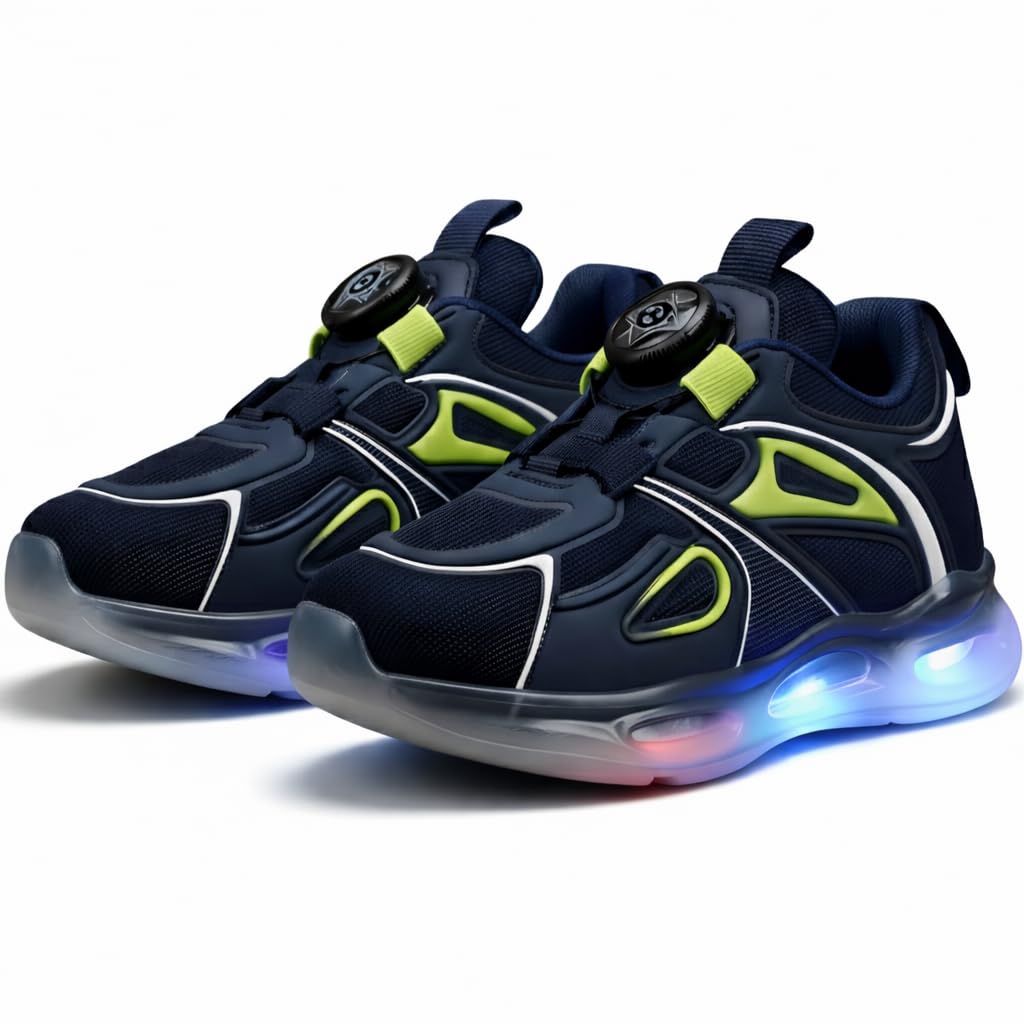 HOOH Kids LED Light Up Shoes with Auto-Lace Drawstring Closure, Breathable Mesh Sneakers For 1 Years to 12 Years Boys and Girls (T.BLUE GREEN, UK Footwear Size System, Little Kid, Age Range, Medium, 4.5 Years, 5 Years)