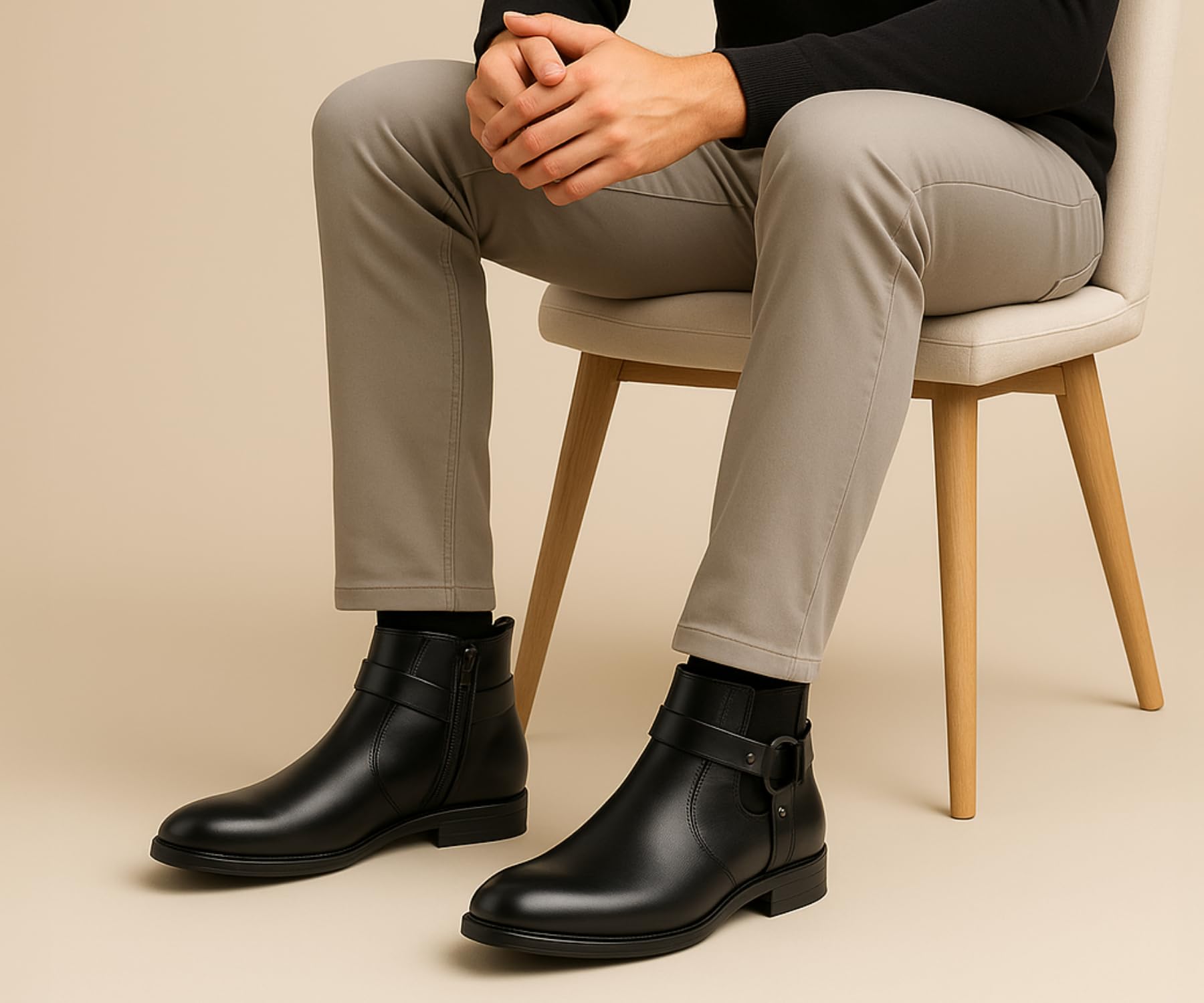 Kraasa The Harness – Men’s Stylish Vegan Leather Chelsea Boots with Side Zipper & O-Ring Strap Elastic Panel Ankle Boot Black UK 8