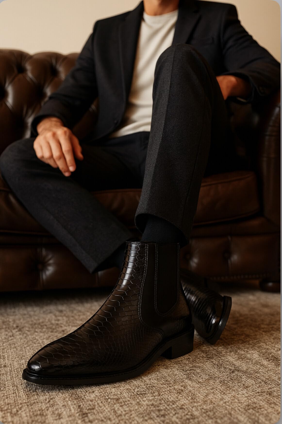 BelieveORG Men's Leather Petend Chelsea Boots | Ankle Boots with Textured Finish Formal & Smart Casual Boots | Comfortable Fit, Trendy, Stylish Boots | Leather Boots for Office/Fashionable
