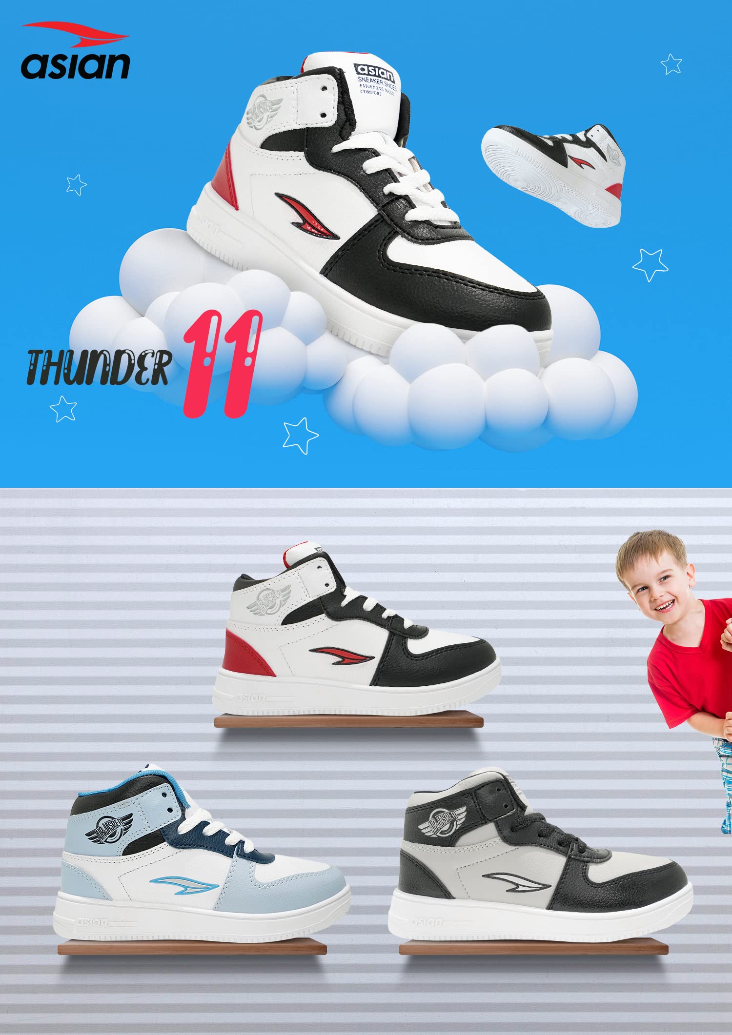 ASIAN Kid's THUNDER-11 Casual White Sneaker Outdoor,High Neck Shoes with Extra Jump Casual Lace-Up Shoes for Boy's,UK 3