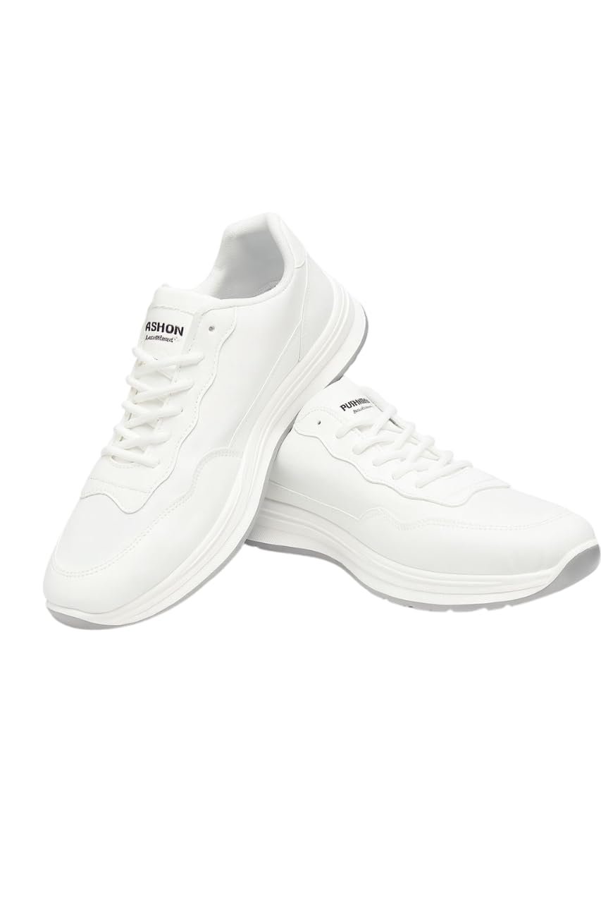 Men’s Classic White Sneakers – Casual Lace-Up Running Shoes with Grey & Red Stripe Accents – Lightweight, Cushioned Sports Footwear for Walking, Gym and Running (UK Footwear Size System, Adult, Men, Numeric, Medium, 8)