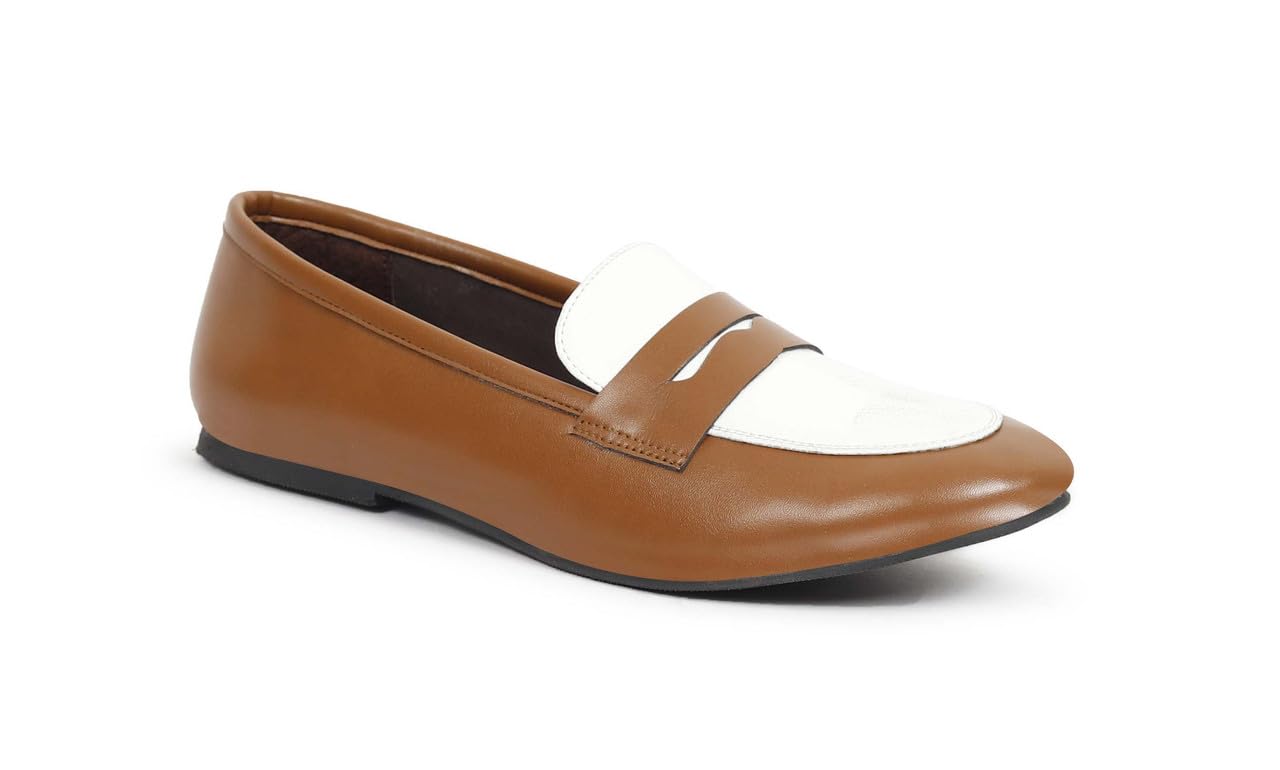Women's Stylish Casual Loafers | Comfortable Slip-On Flat Shoes with Bow Design & Soft Sole for Daily Footwear | Tan White