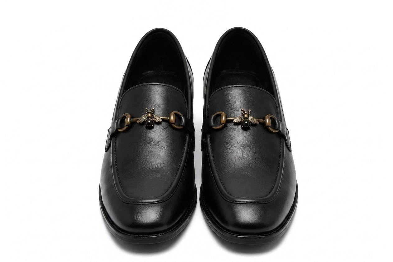 Men's Black Slip-On Loafers with Gold-Tone Bee Ornament UK6