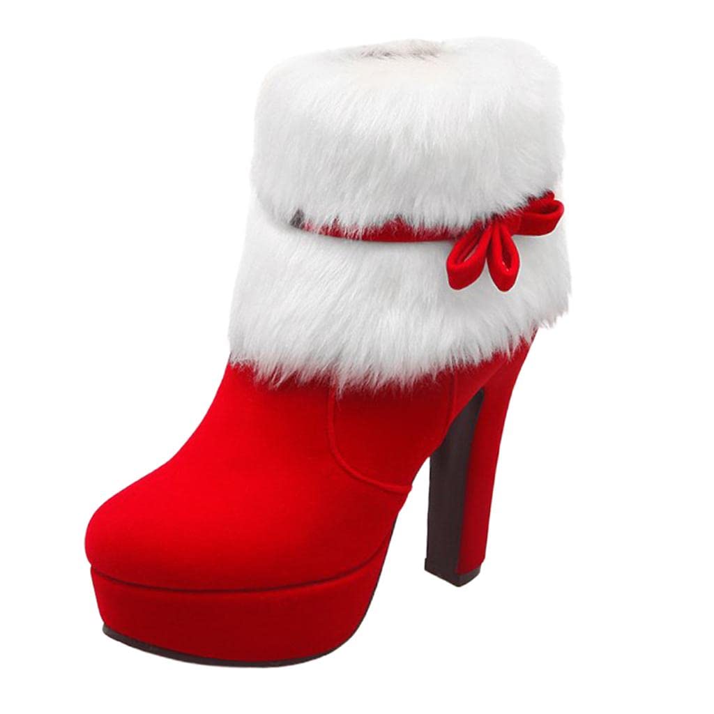 LOSA Womens Red Fur Suede Ankle Boots Booties for Casual Party Christmas Dress 36