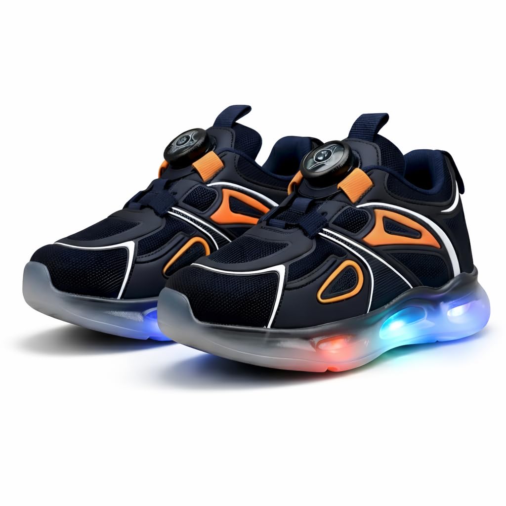 HOOH Kids Unisex Light Up Sneakers with Button Closure with Drawstring and Light Shoes for Both Boys and Girls (Black Orange, UK Footwear Size System, Big Kid, Numeric, Medium, 5)