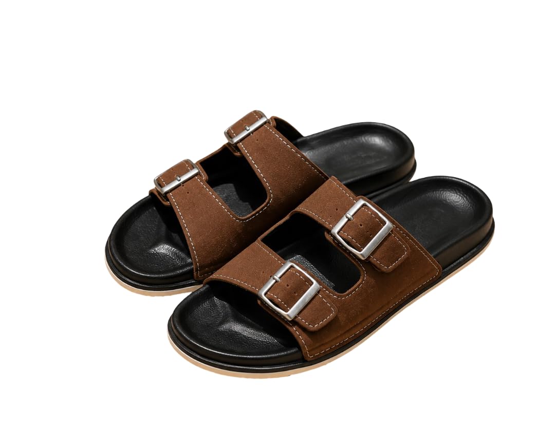 Men’s Double Strap Slide Sandals with Adjustable Buckles | Comfortable Casual Slippers for Daily Wear | Anti-Skid Lightweight Open Toe Flats for Men & Boys (Dark Brown, UK Footwear Size System, Adult, Men, Numeric, Medium, 9)