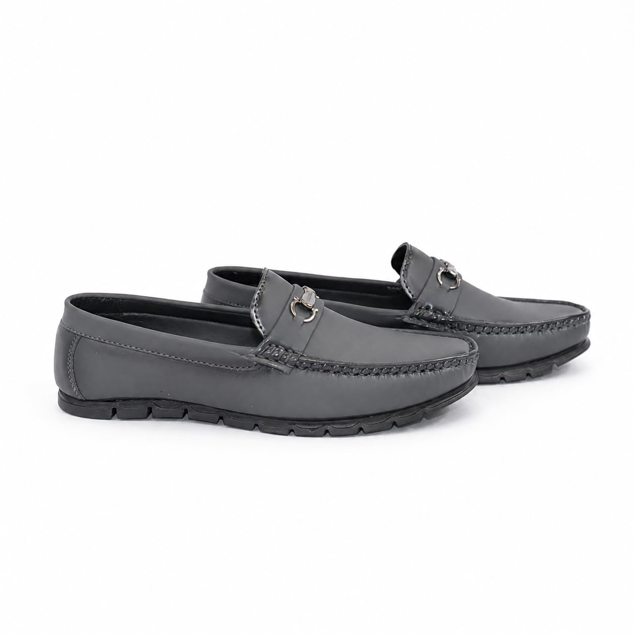 Men's Grey Leather Slip-On Loafers with Metal Horsebit - Image 2