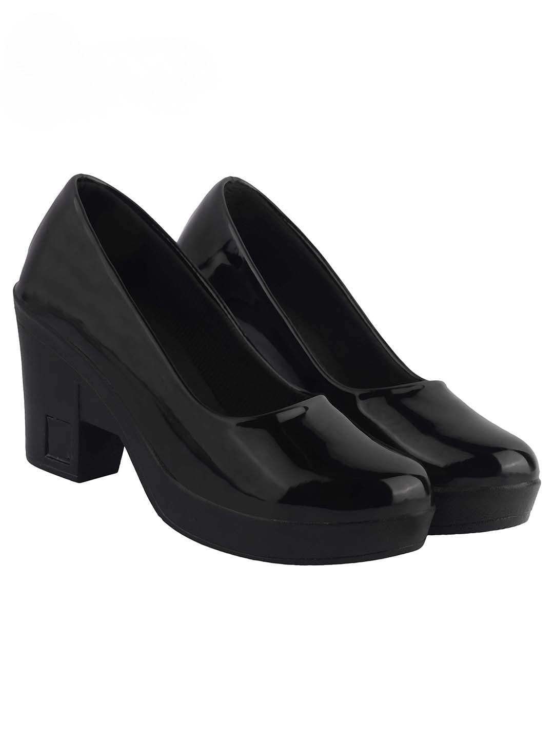 Pinky Store Women's Black Patent Leather Block Heel, Round Toe Bellies.