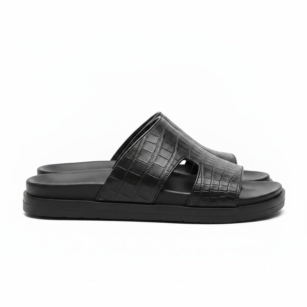 Men’s Black Crocodile Textured Leather Slides | Premium Open Toe Slip-On Sandals | Luxury Casual Comfort Slippers for Men - Image 2