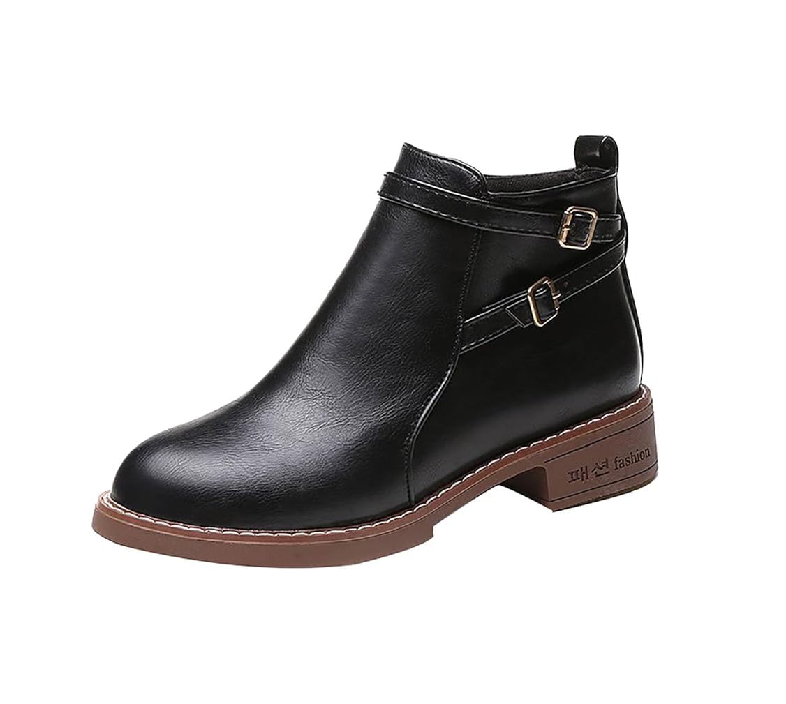 Imported Quality Women’s 2025 British Style Black Round Toe High Top Boots | Fashion Belt Buckle Leather Slip-On Boots | Height Increasing, Hard-Wearing PU & Rubber Sole (Black 2, UK Footwear Size System, Adult, Women, Numeric, Medium, 7)