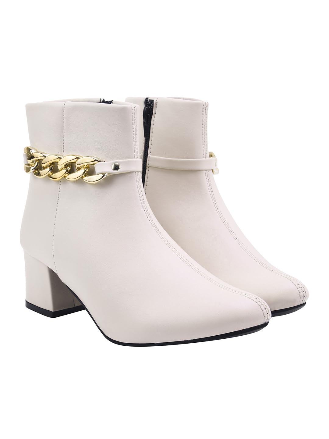Women's Cream Synthetic Leather Ankle Boots – Stylish Block Heel Zip Closure Boots with Golden Buckle Detail for Casual & Party Footwear EU40