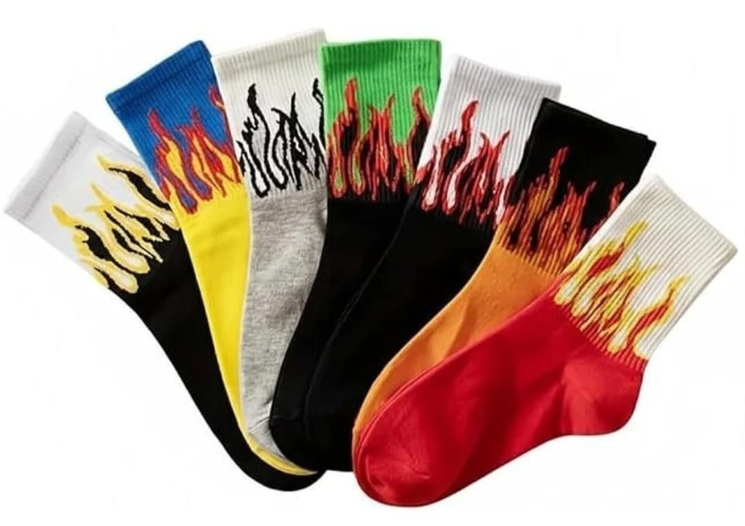 AKSHINE, Flame Crew Socks for Men and Women, Cotton Blend Mid-Calf Athletic Casual Socks, Breathable Streetwear Fashion Fire Pattern Socks for Sports, Skateboarding, Everyday Wear, Colorful Design