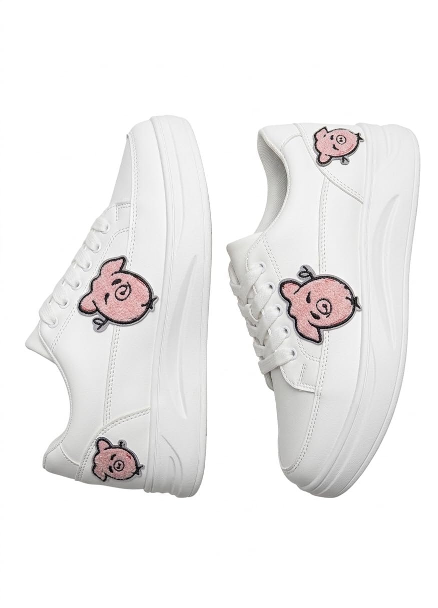 Trendy White Sneakers for Women with Designer Beaded Patches - Stylish Casual Platform Walking Shoes for Girls - Comfortable Lightweight Lace-up Footwear (Peach, Cherry, Lip & Pig Motifs) (UK Footwear Size System, Adult, Women, Numeric, Medium, 6, Strawbe