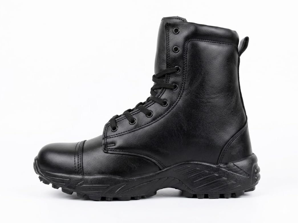 RINKU High Ankle Black Leather Combat Boots | Durable Rubber Sole Tactical Military Style Shoes for Security, Outdoor Training & Daily Wear (7, UK Footwear Size System, Adult, Men, Numeric, Medium, 7)