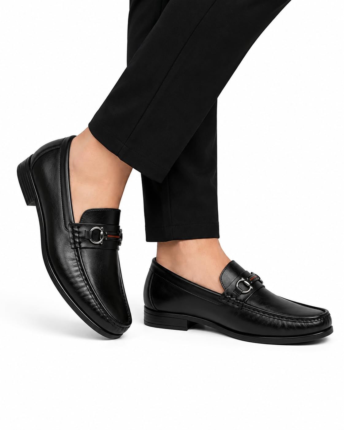 Men's Black Leather Slip-On Loafers with Horsebit Buckle - Image 2