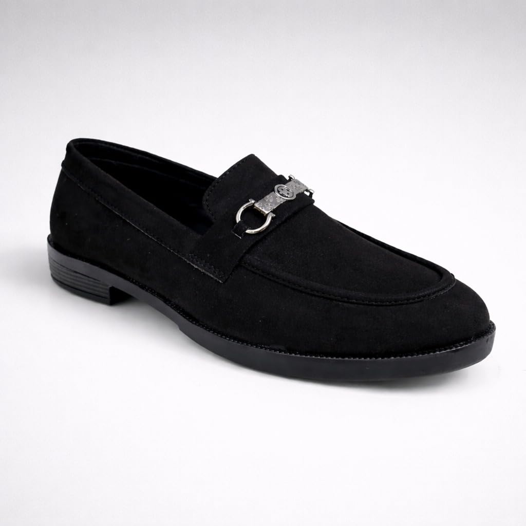 Men’s Suede Loafers with Metal Bit | lip-On Formal Dress Shoes | Non Lace-Up Derby Shoes Comfortable Stylish Dress Shoes for Office, Business Casual & Special Occasions Wedding Boys (Black, UK Footwear Size System, Adult, Men, Numeric, Medium, 8) - Image 4