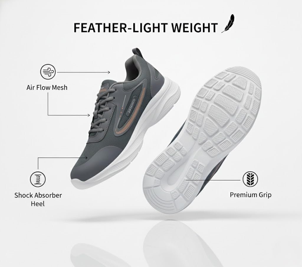 Swing Sports Shoes for Men | Lightweight Airy Mesh, Cushione Sole |Color (Black&Grey) | Size (6-10) | ForGym & Daily Use (Grey, UK Footwear Size System, Adult, Men, Numeric, Medium, 10) - Image 6