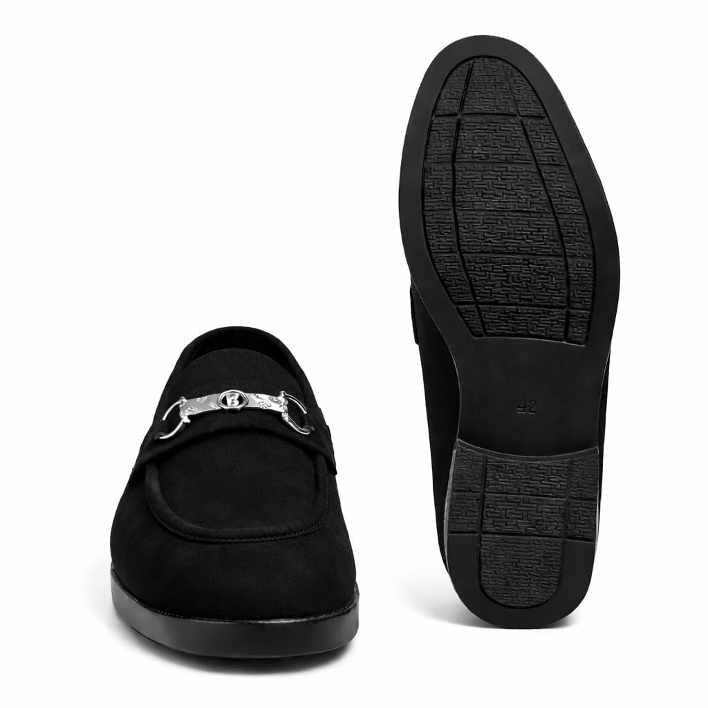 Men’s Suede Loafers with Metal Bit | lip-On Formal Dress Shoes | Non Lace-Up Derby Shoes Comfortable Stylish Dress Shoes for Office, Business Casual & Special Occasions Wedding Boys (Black, UK Footwear Size System, Adult, Men, Numeric, Medium, 8) - Image 2