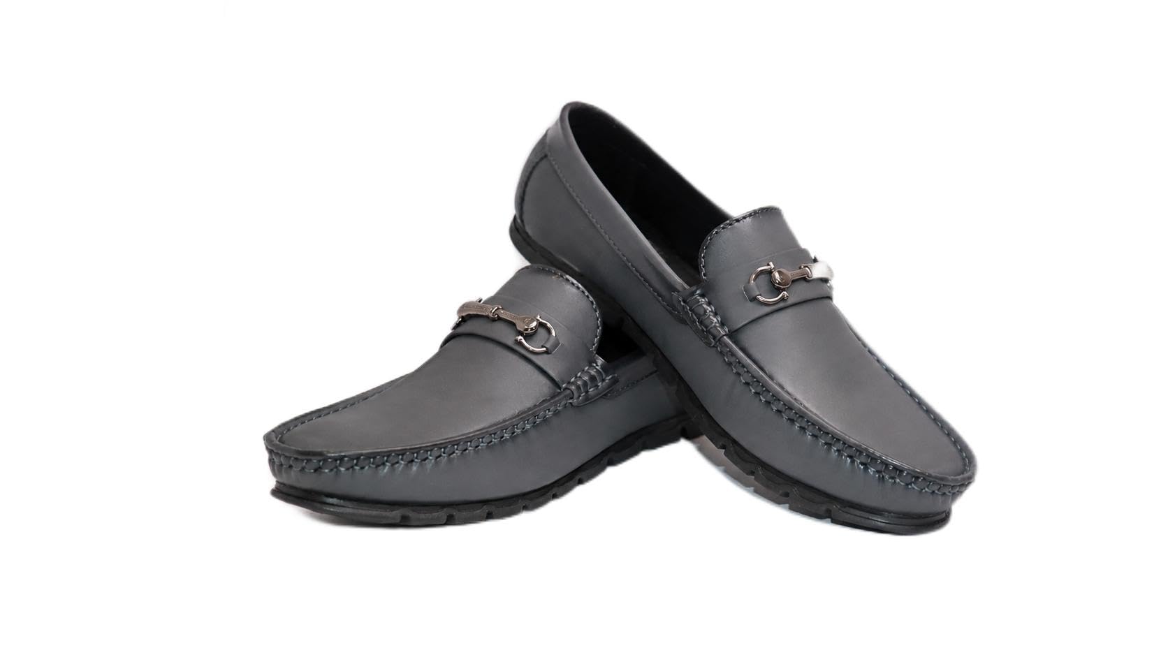 Men's Grey Leather Slip-On Loafers with Metal Horsebit