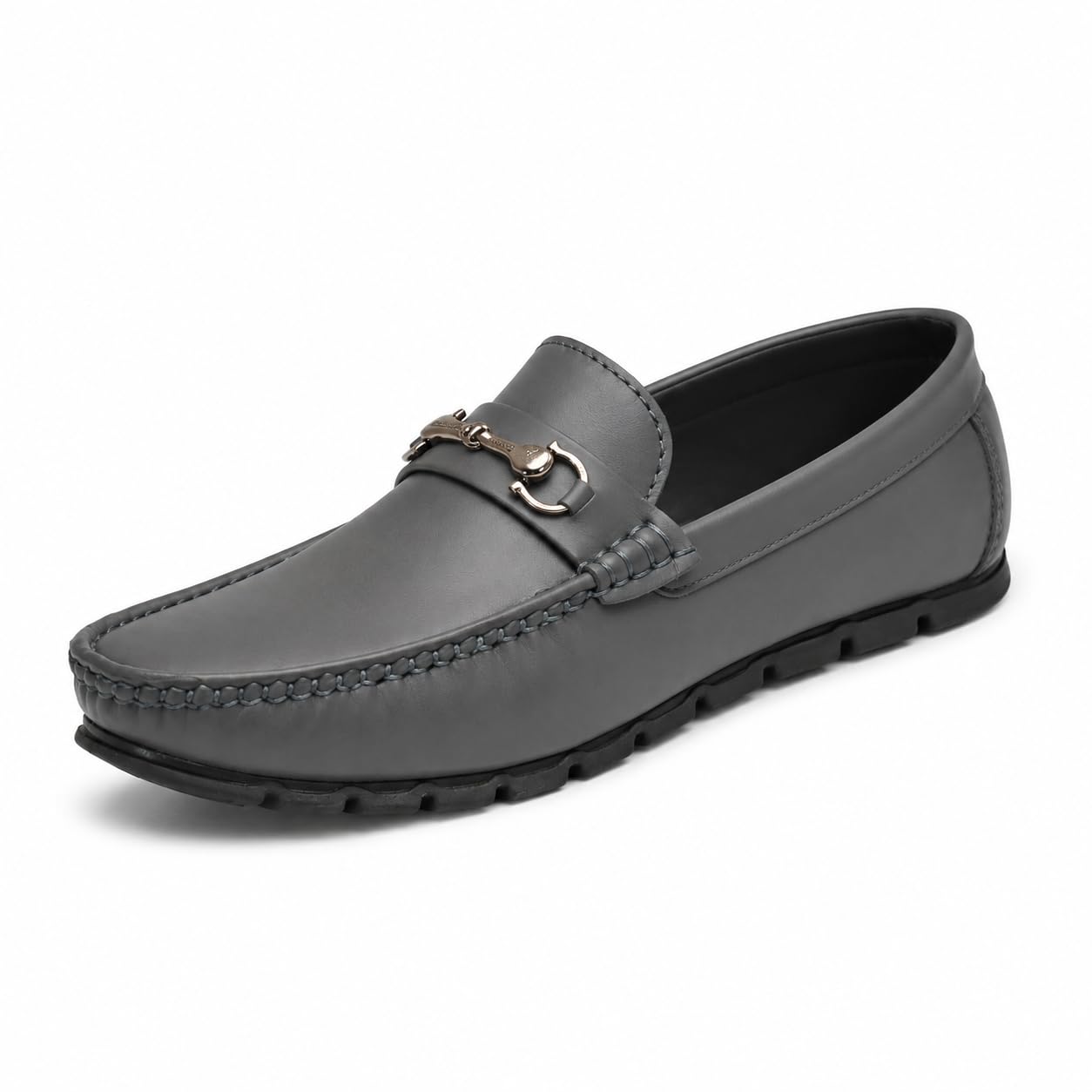 Men's Grey Leather Slip-On Loafers with Metal Horsebit - Image 3