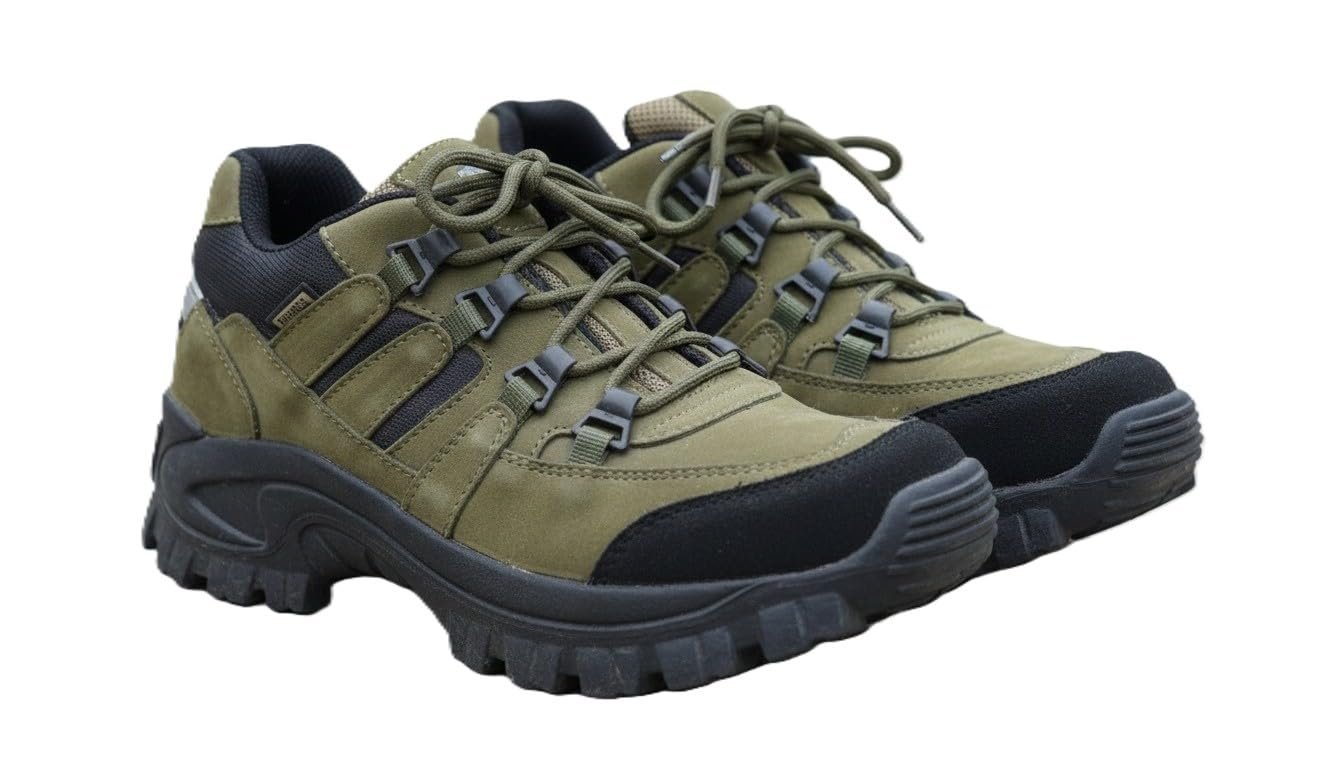 Men's Low-Top Hiking Shoes, Olive Green and Black, Lace-Up Tactical Outdoor Footwear with Rugged Grip Sole