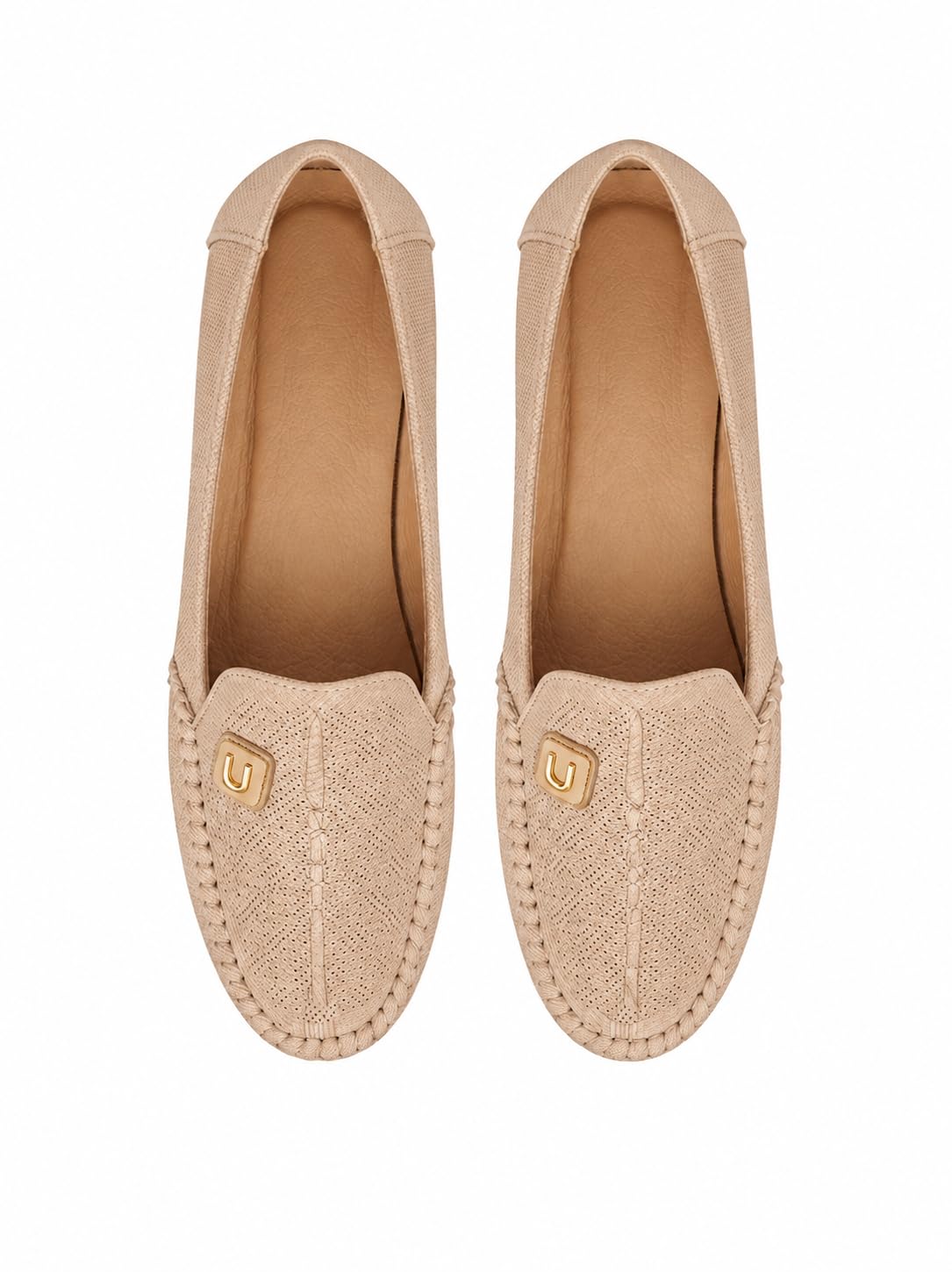 KAOSISS Beige Perforated Slip-On Loafers with Metallic Emblem