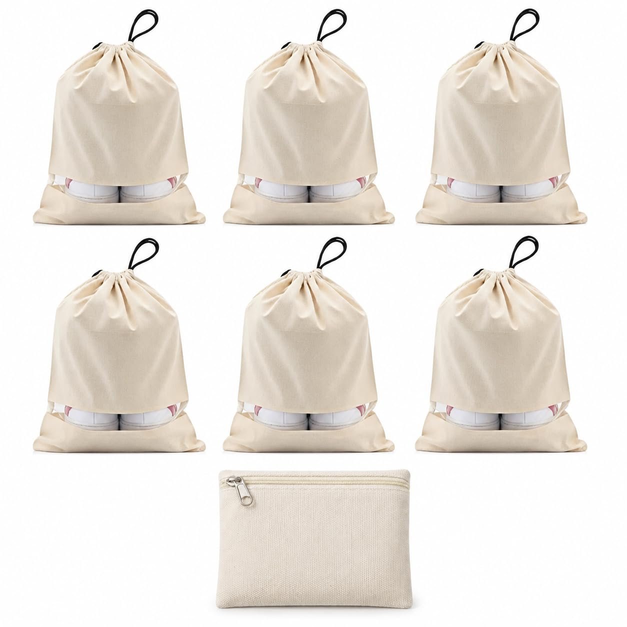 Cotton Shoe Cover Pack of 6 + 1 Square Zipper Pouch | Reusable Beige Ivory Drawstring Shoe Bags for Travel, Storage & Closet Organization | 100% Cotton Breathable Footwear Organizer (6)