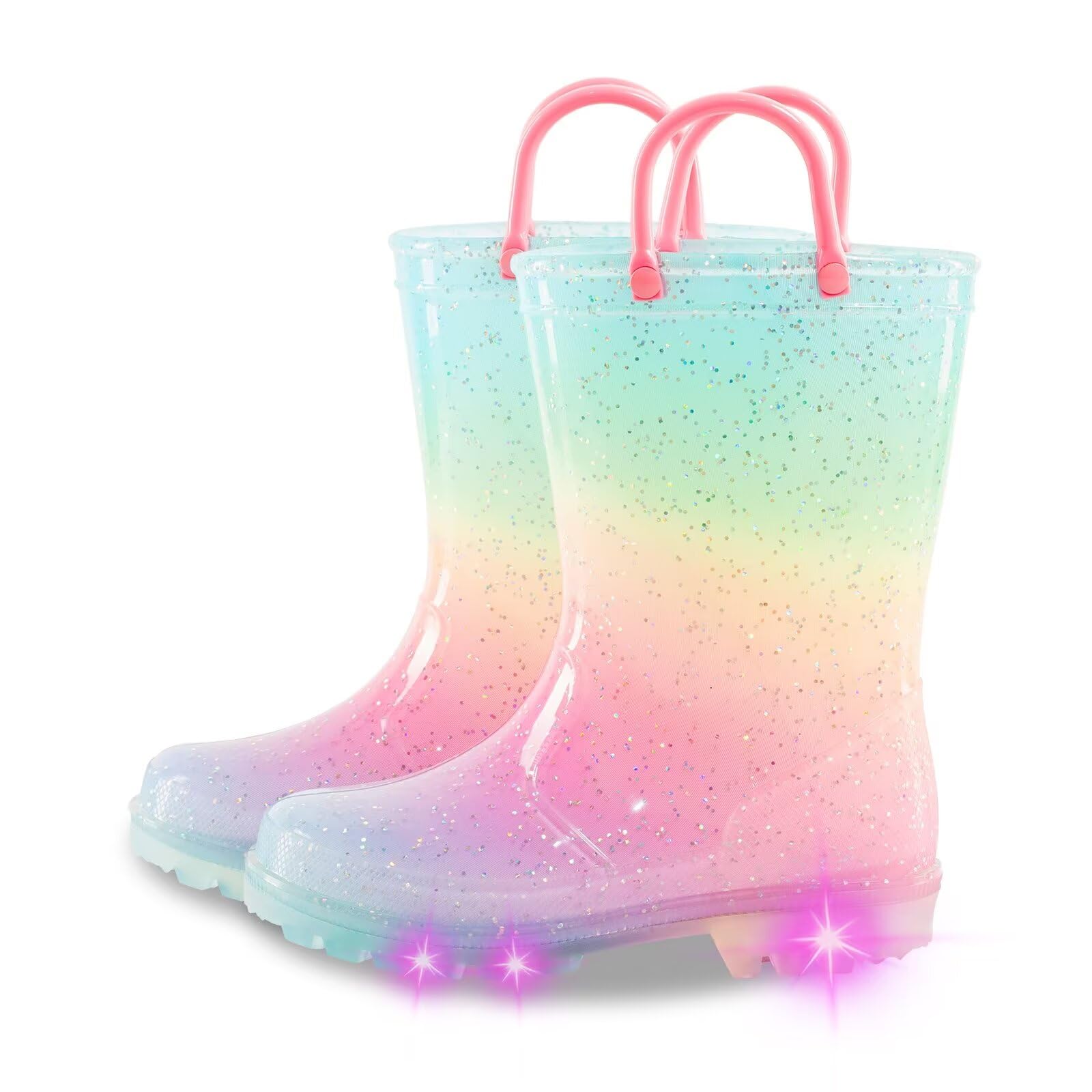 Kids Toddler Rain Boots for Girls Boys Light Up Waterproof Rain Shoes Patterns and Glitter Boot with Easy On Handles, Pink Gradient, 30 EU
