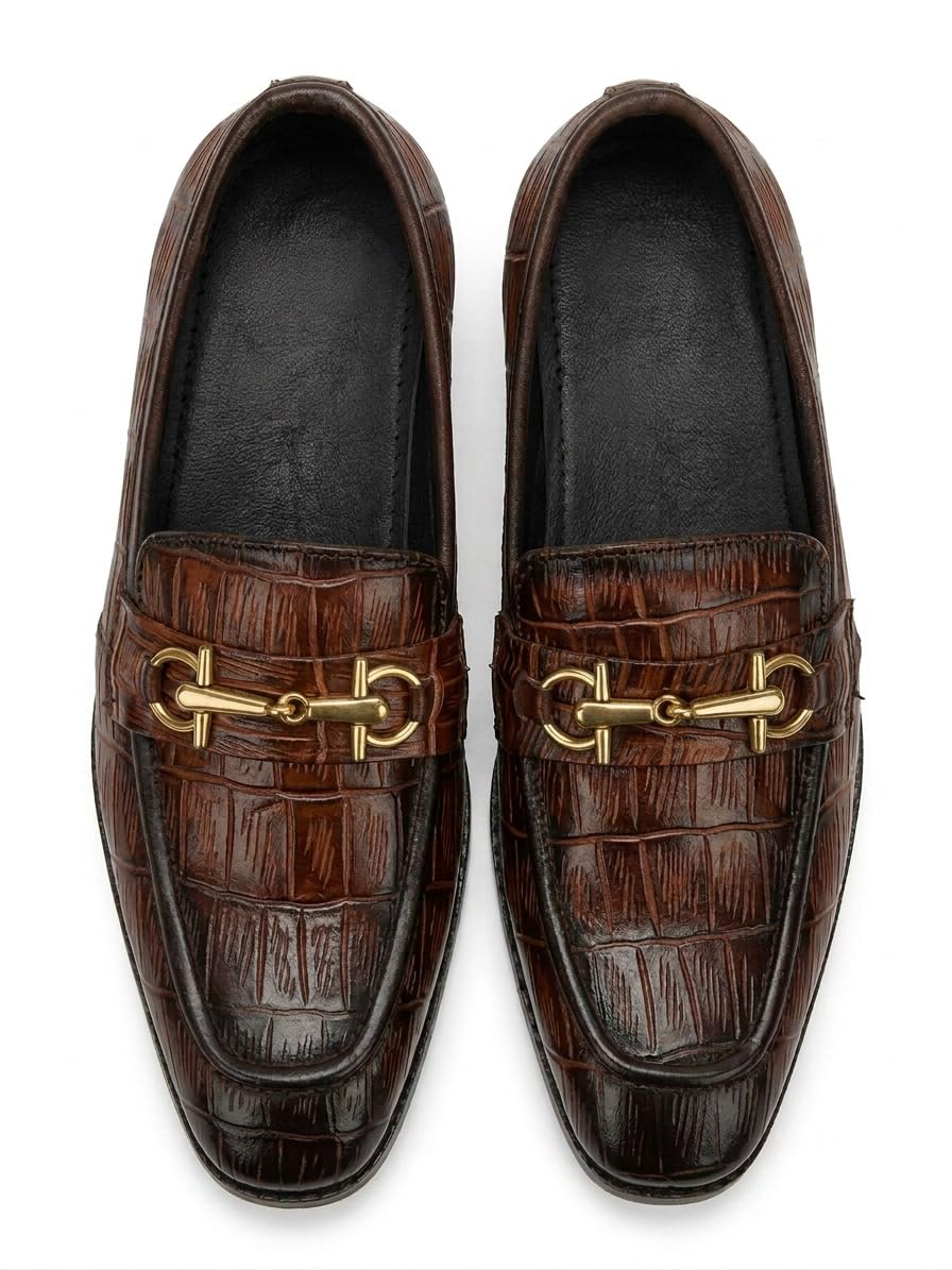 Men's Brown Croc-Pattern Horsebit Loafers with Block Heel UK10 - Image 2
