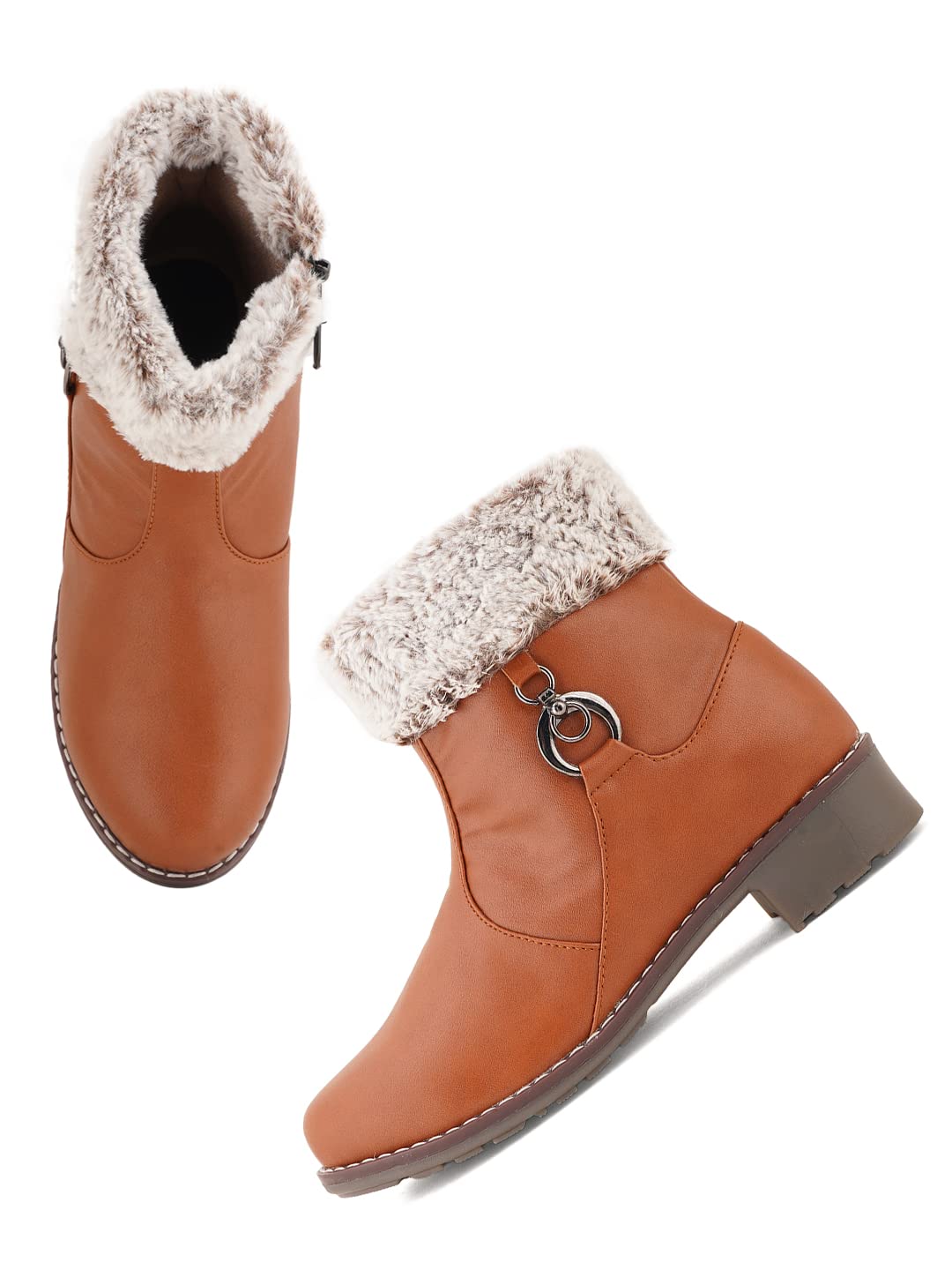 Walkfree Women Patent Leather Casual Tan Boots for Winter Wear