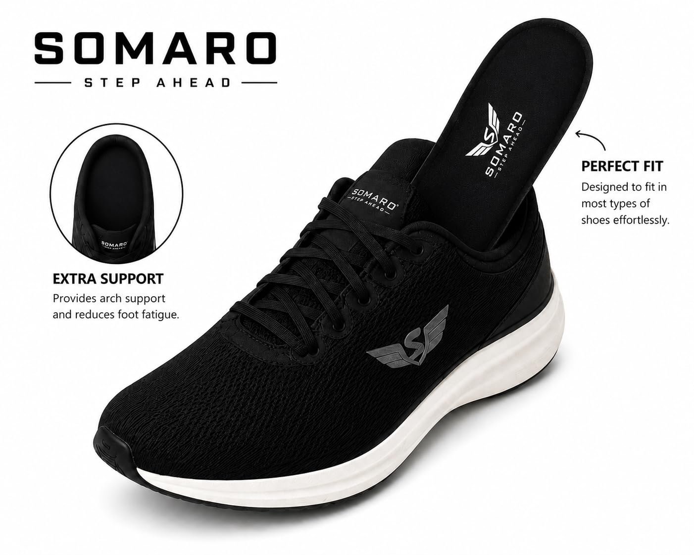Somaro Memory Foam Shoe Insoles for Men and Women | Soft Cushioned Inserts for Long Standing and Walking | Supports Heel and Arch | Shock Absorbing | Moisture Absorbing | Lightweight Washable Insoles for All Shoes | 3 Pair | Black | Size 9 - Image 5