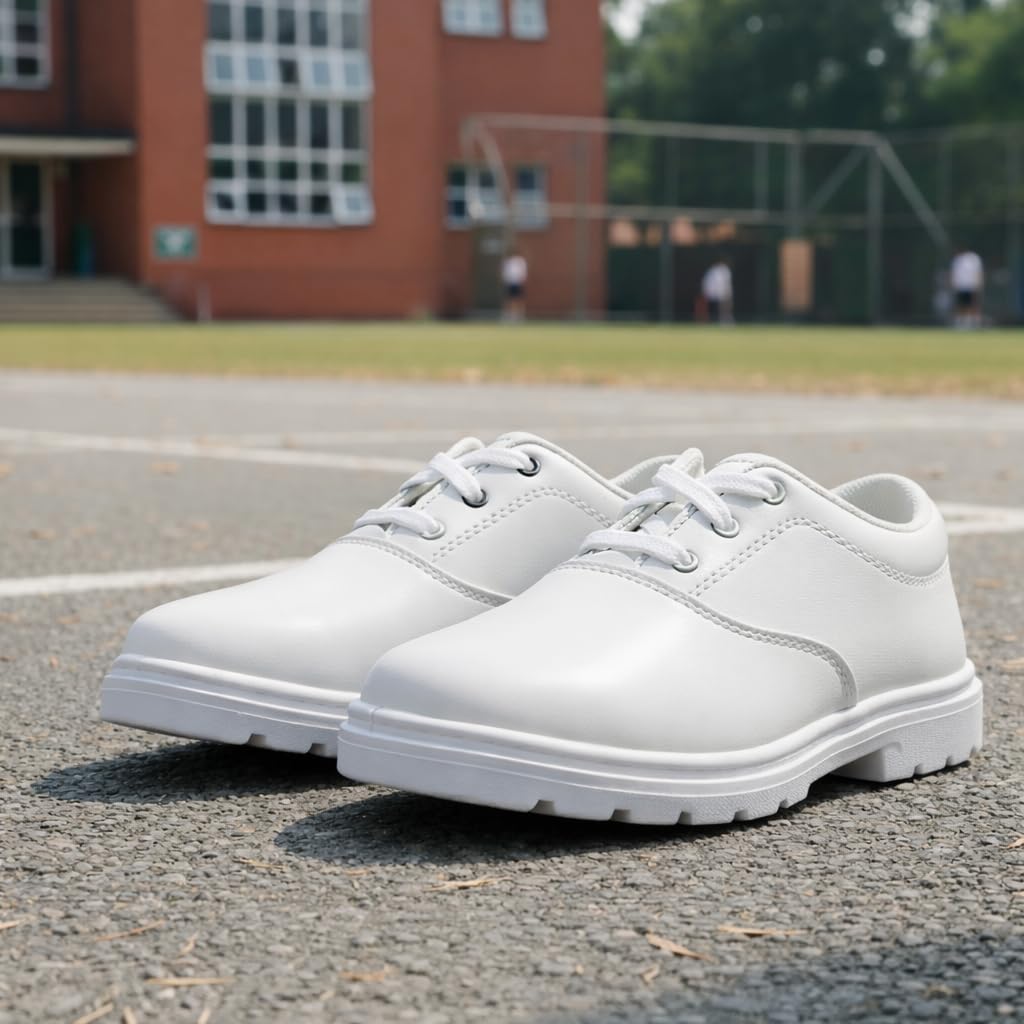 Boys Black School Shoes | Lace-Up Formal Shoes for Students | Comfortable, Lightweight, Anti-Slip Sole Office & School Footwear (White, UK Footwear Size System, Big Kid, Men, Numeric, Medium, 5)
