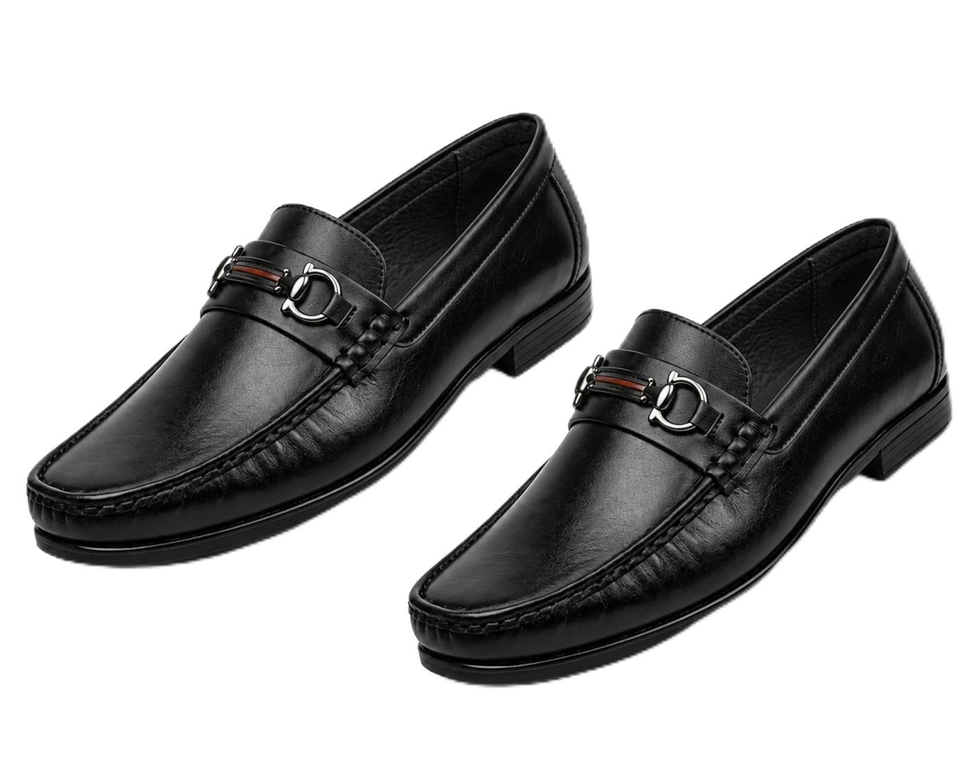 Men's Black Leather Slip-On Loafers with Horsebit Buckle