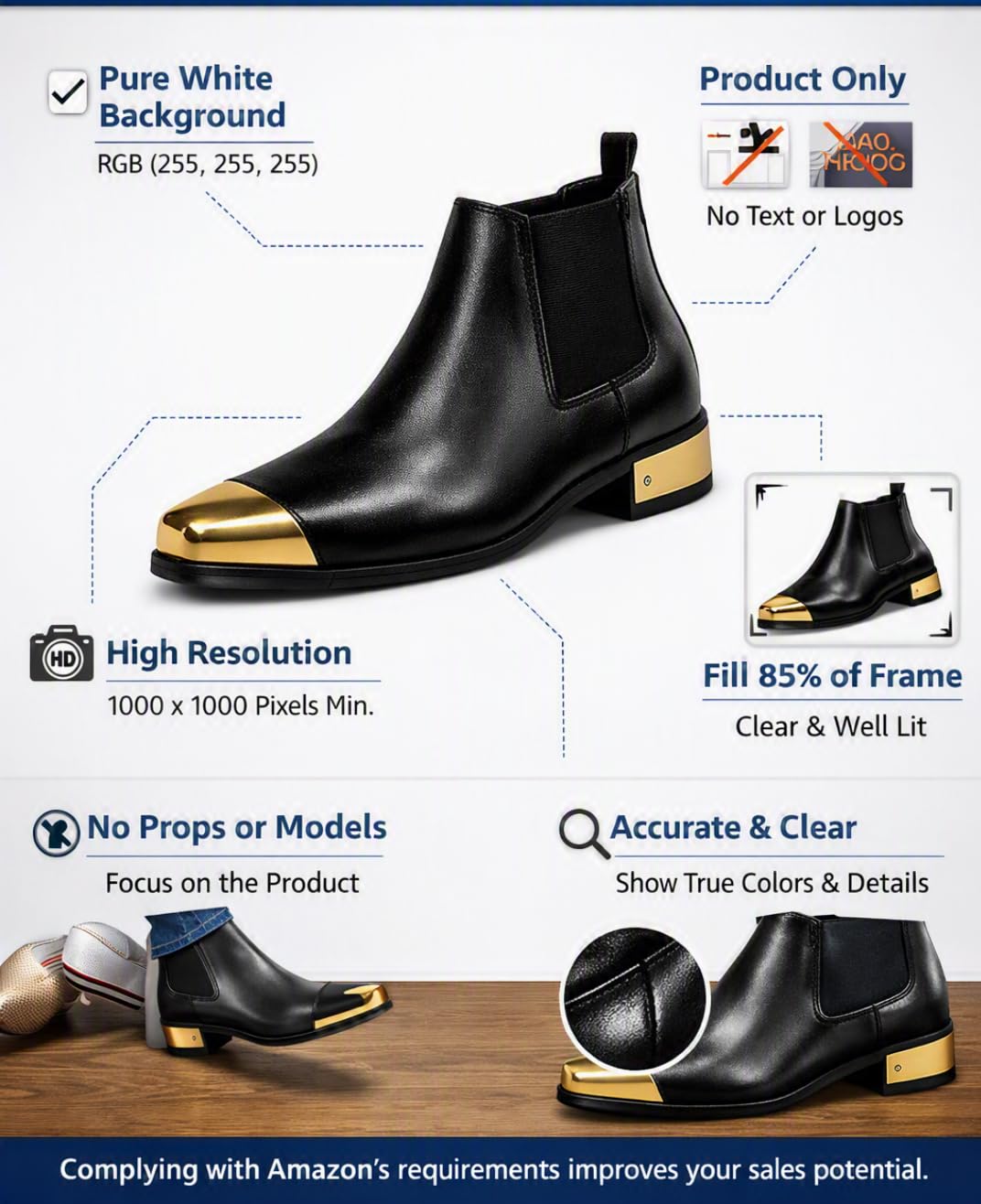 Black Chelsea Boot with Gold Metal Toe Cap and Block Heel - Image 6