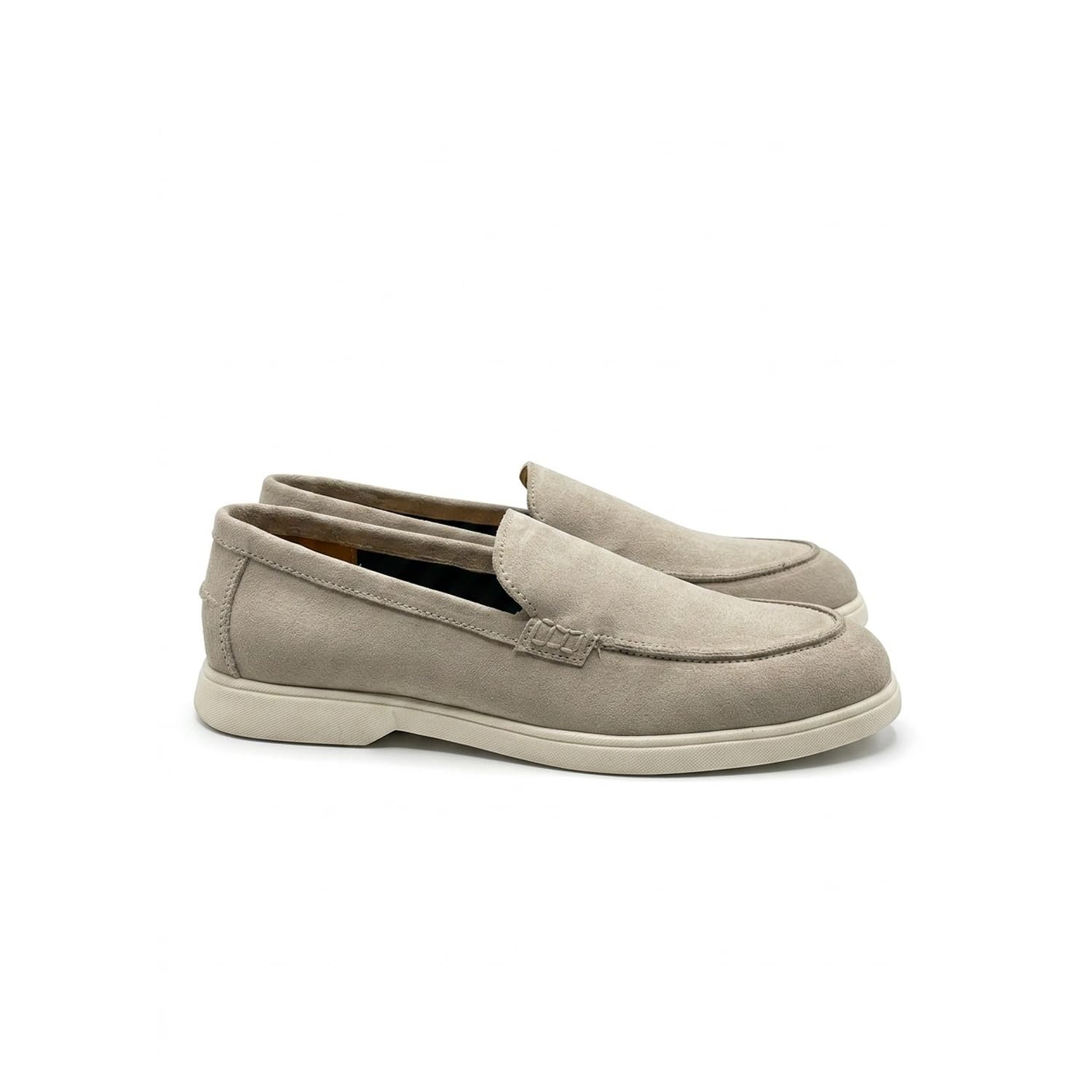 Men's Beige Suede-Look Slip-On Loafers with White Sole - Image 4