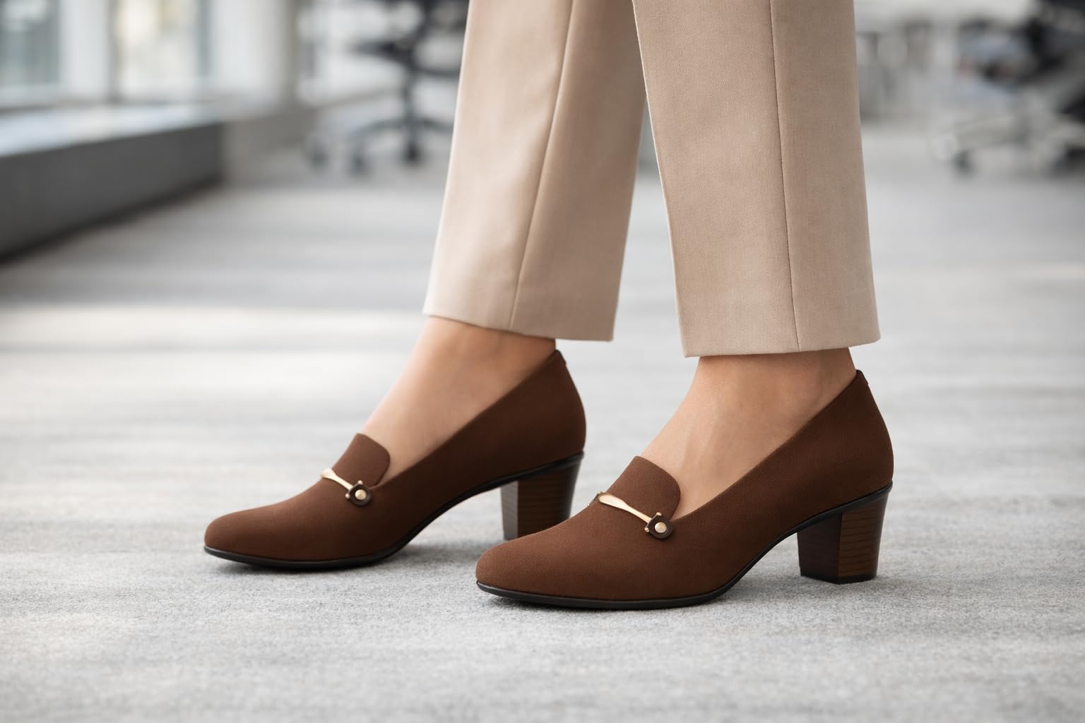 Hey LaVida Women's Block Heel Loafer, Brown Suede, Slip-On Formal Shoe with Gold Metal Detail, Cushioned Insole, Anti-Slip Sole