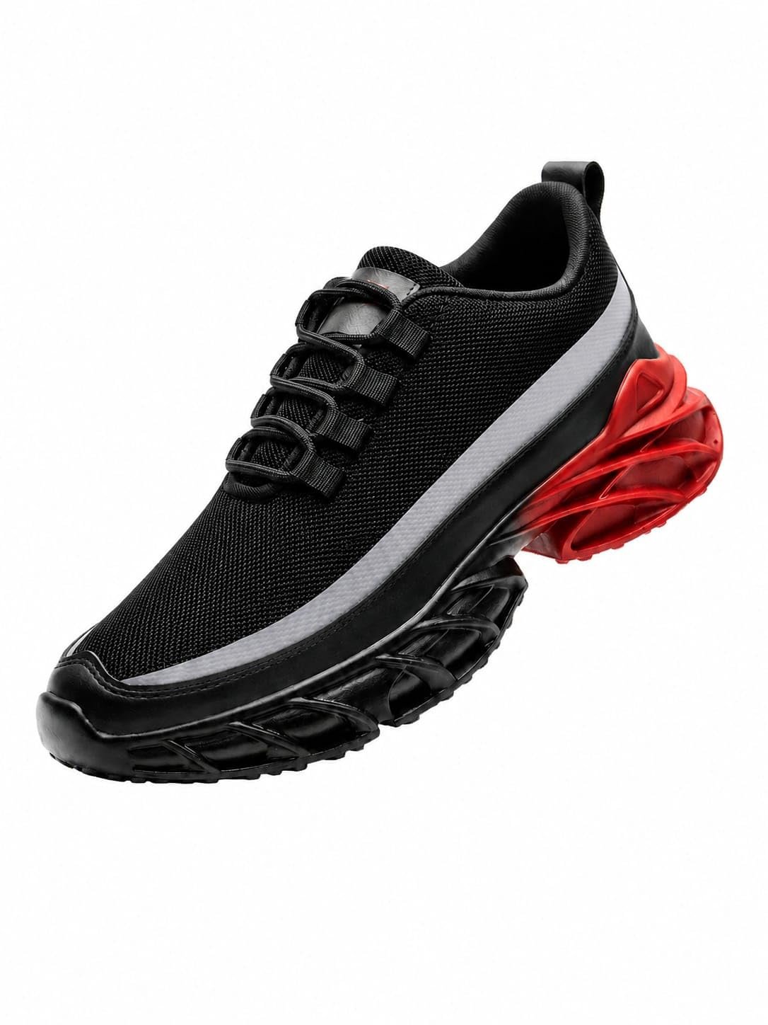 Men's Running Sneakers, Black with Red Blade Sole, Mesh Upper, Lace-Up Athletic Sport Shoes