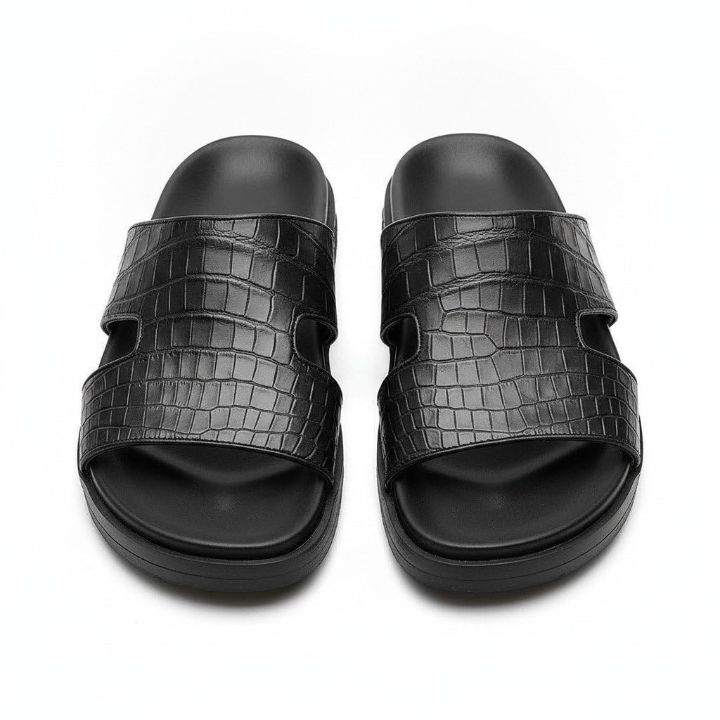 Men’s Black Crocodile Textured Leather Slides | Premium Open Toe Slip-On Sandals | Luxury Casual Comfort Slippers for Men