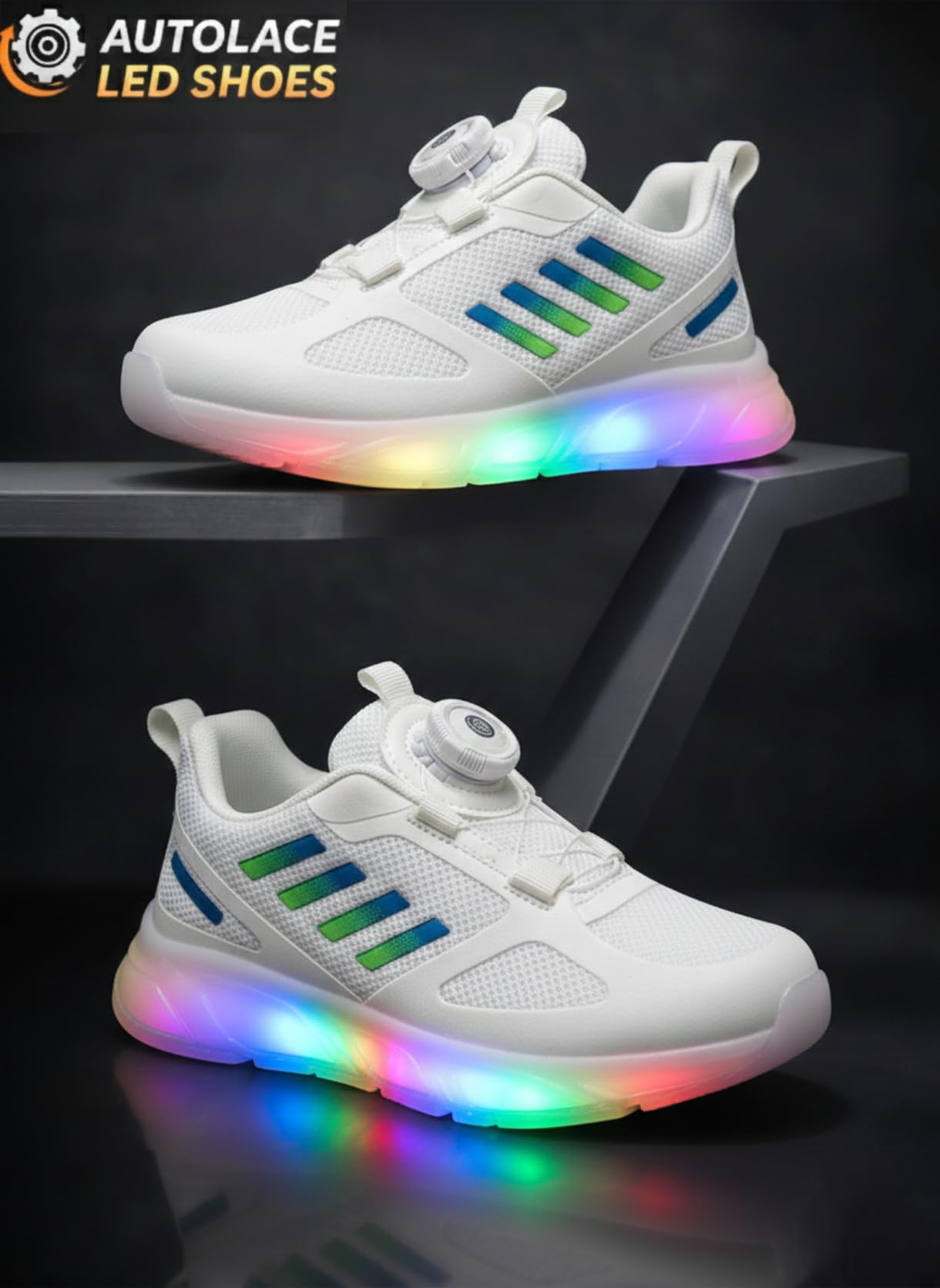 HOOH Kids LED Light Sneakers with Auto Lace Closure, White, Unisex for Boys and Girls, Ages 18 Months to 7 Years (White, UK Footwear Size System, Little Kid, Numeric, Medium, 11)