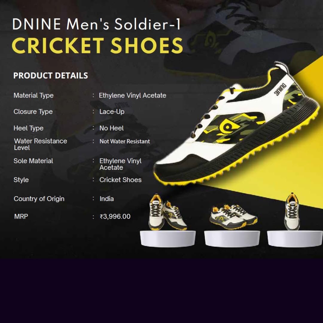 D9 Men's Soldier-1 Cricket Shoes | Black/Yellow/Olive | Size 6 UK | Lightweight & Comfortable | Rubber Studs for Better Grip | Ideal for Turf & Ground | Sports Shoes for Men | Cricket Footwear