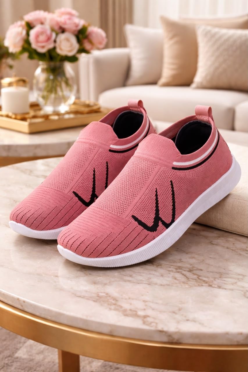 Women’s Pink Slip-On Sports Shoes | Lightweight Casual Sneakers with Breathable Knit Upper | Comfortable Walking, Travel, Gym & Everyday Wear Shoes