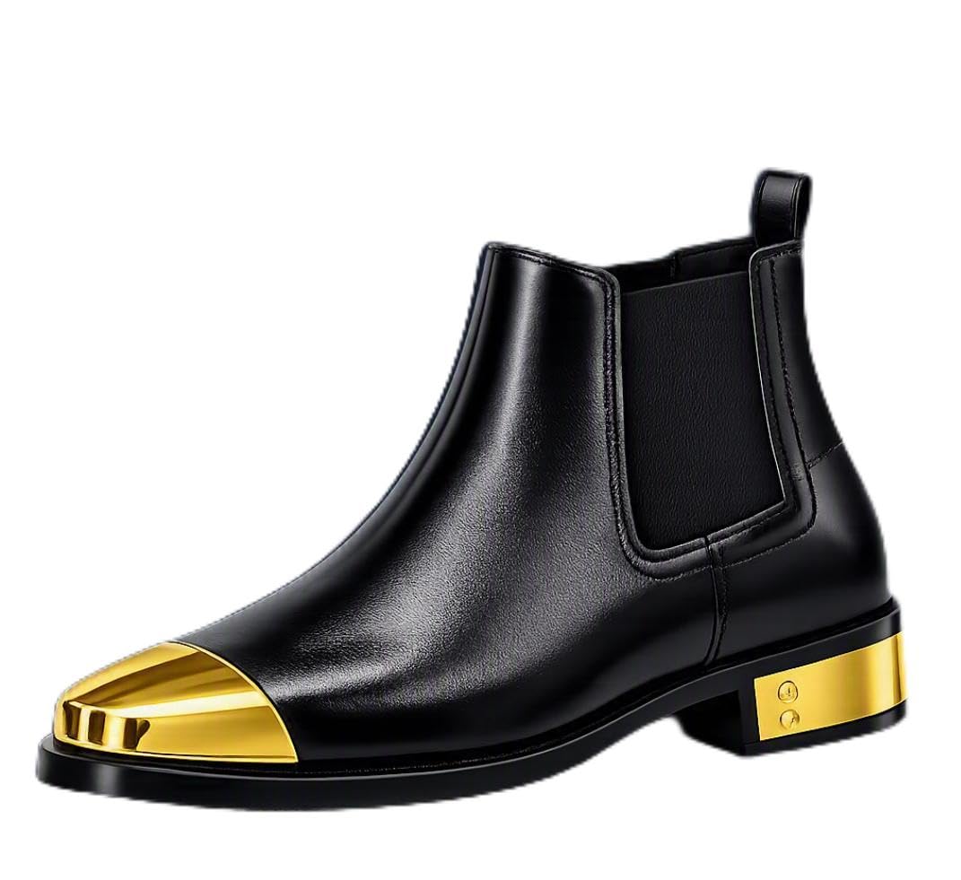 Black Chelsea Boot with Gold Metal Toe Cap and Block Heel