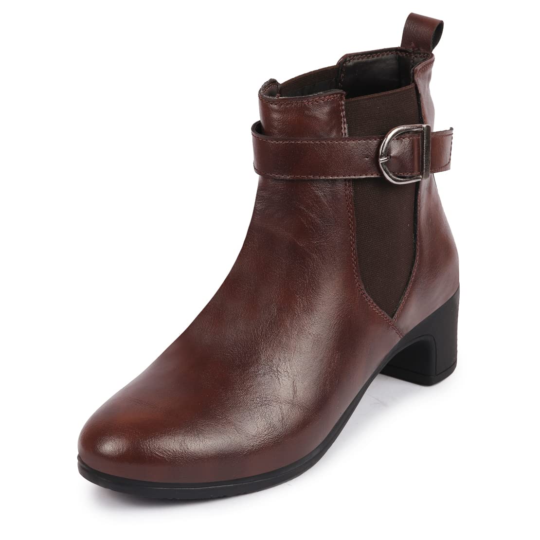 FST KI-252 BROWN-36 Women's Brown Flared Heel High Ankle Classic Winter Buckle Strap Chelsea Boots (3 UK)