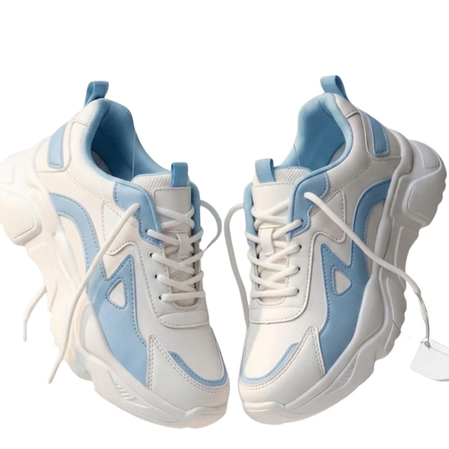 Women's Chunky Lace-Up Sneakers, Colour Block Platform Casual Shoes Blue