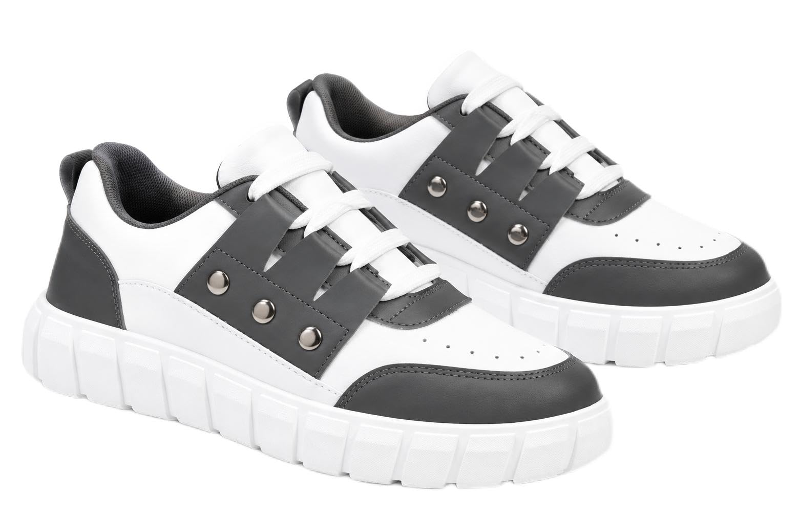 Men's Chunky Sneakers White Grey with Metal Stud Accents