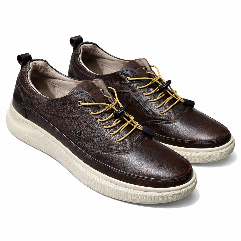 DISHO Enterprises Men's Leather Sneakers, Brown, Lace-Up, Gold Eyelets, White Sole, Casual Shoes (UK Footwear Size System, Adult, Men, Numeric, Medium, 8)