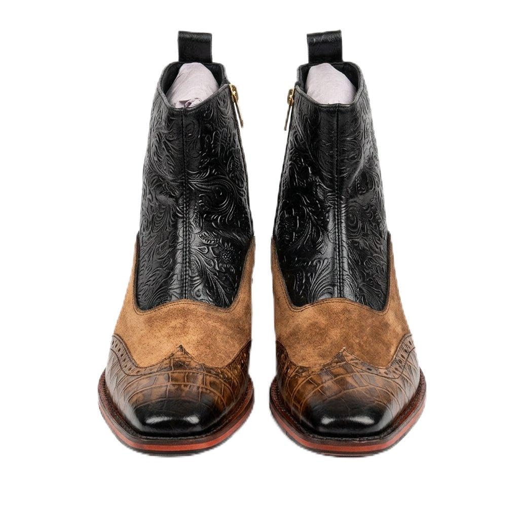 Men's Tan and Black Ankle Boots with Embossed Floral Upper UK 7