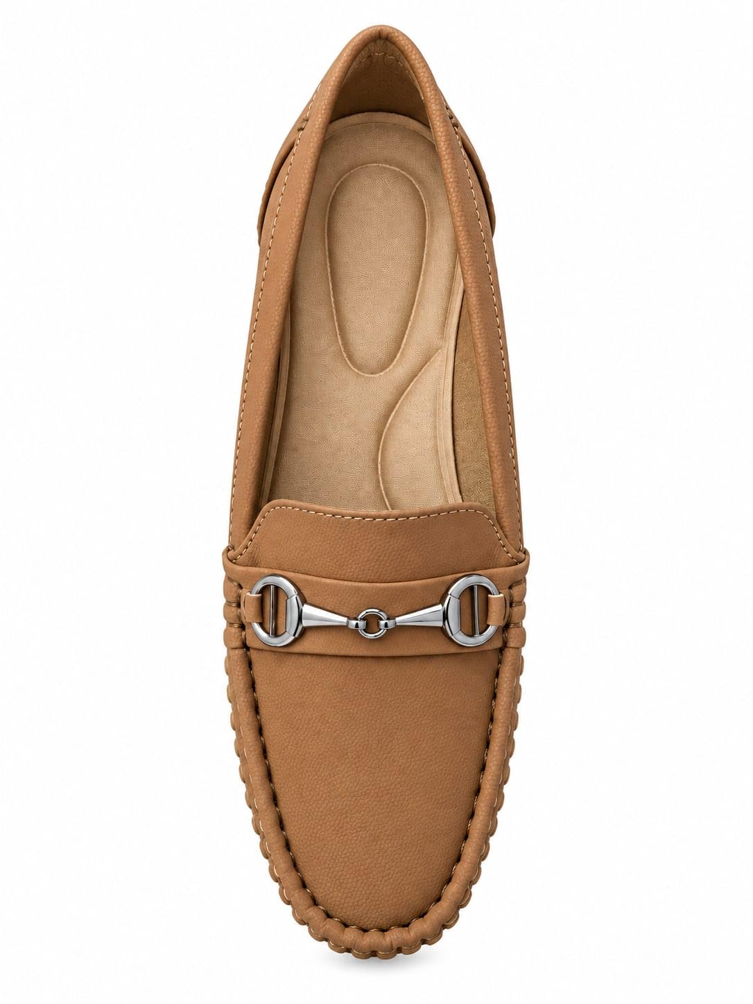 Women's Brown Horsebit Loafer Flat Shoes with Metal Buckle
