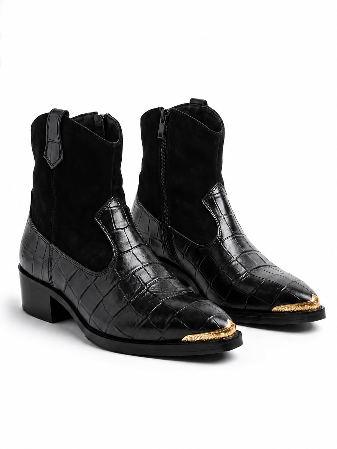 Men's Black Croc-Pattern Ankle Boots with Gold Toe Cap UK9 - Image 2